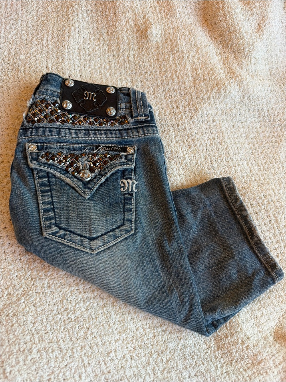 Miss Me Distressed Blue Denim Studded Bermuda Shorts 26